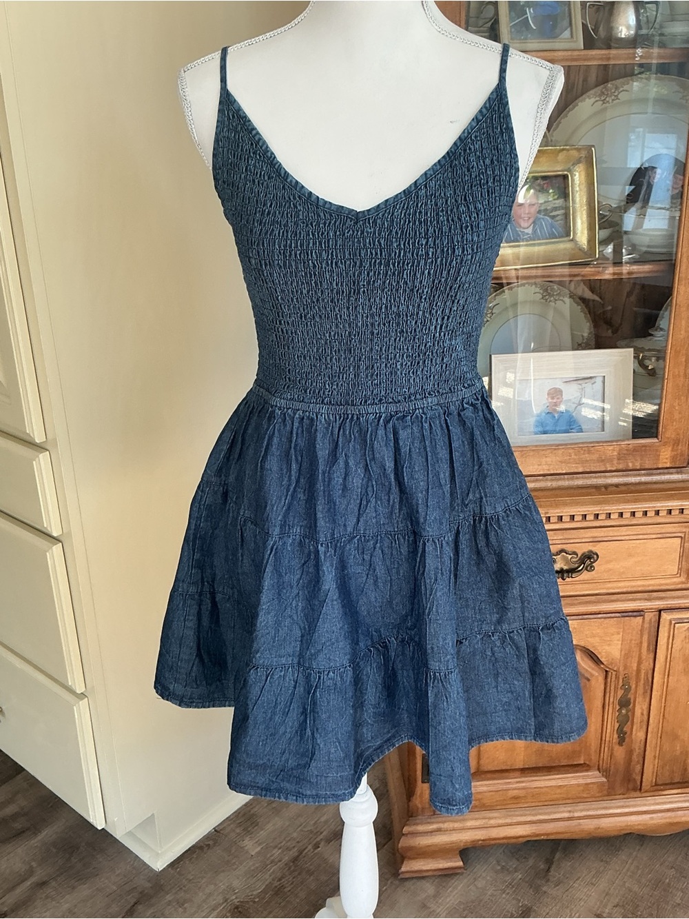 Vtg Denim Mini Dress XL Smocked Bodice Tiered Sundress Cami Boho